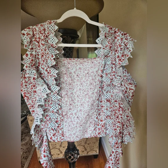 NWOT Anthropologie Blue Tassel Trina floral dark red/ mint embroidered top - Picture 7 of 14